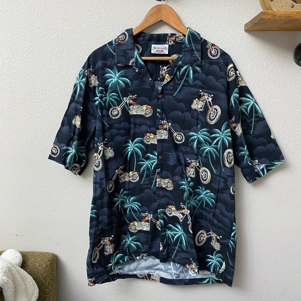 PACIFIC LEGEND APPAREL made in Hawaii short sleeve causal button up motorcycle.